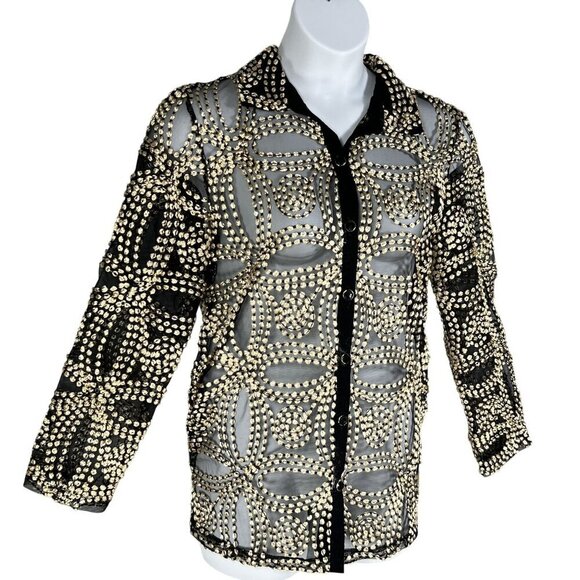 Chicos Travelers Collection 2/ L Black Sheer Gold Needle Stitch Button Up Jacket - Picture 4 of 16